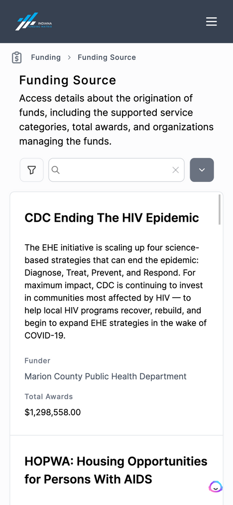 A mockup of an iPhone browsing the Indiana HIV Funding Matrix website. The application displays the Funding Source details page, with example data.